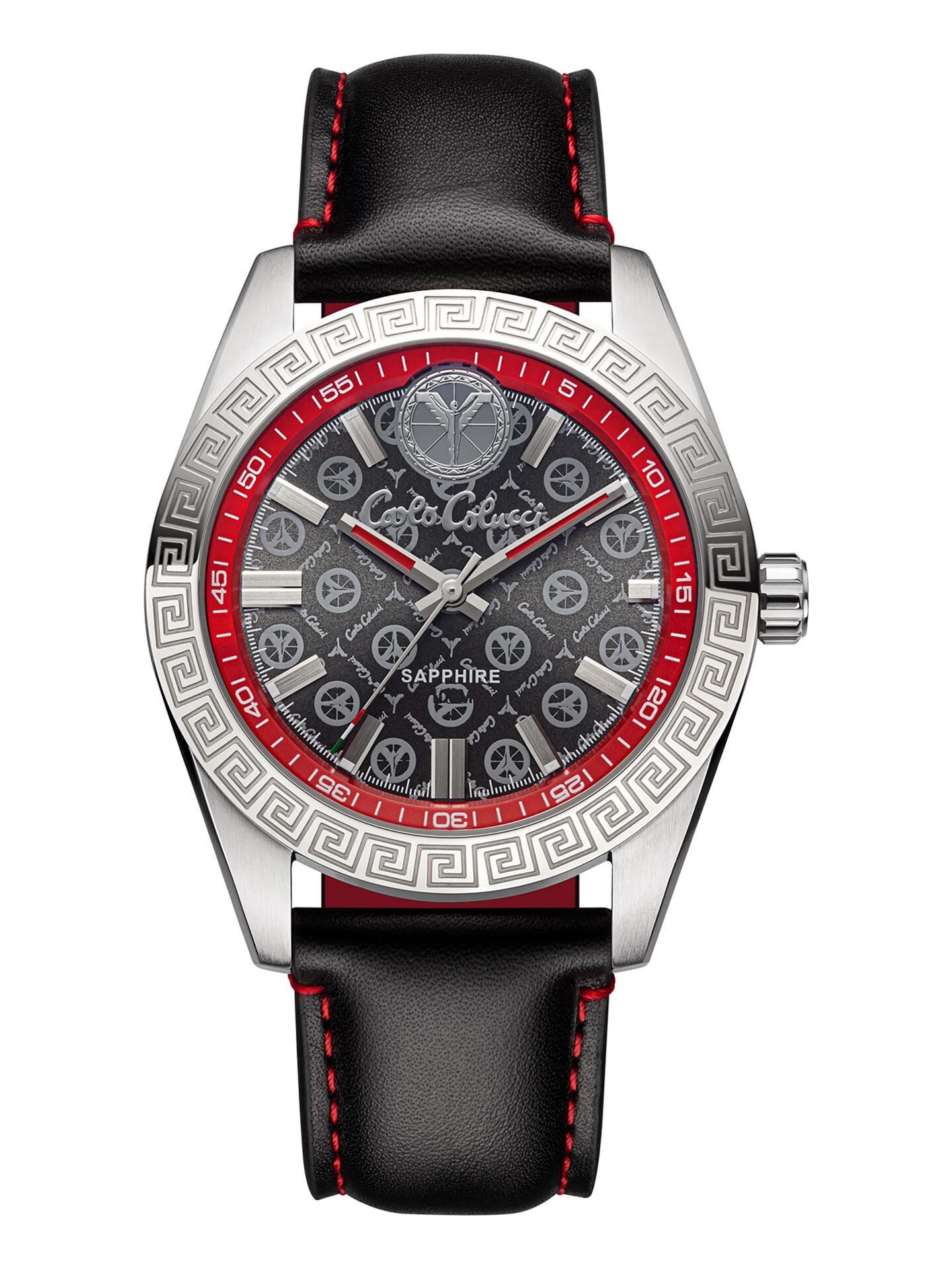 Round stainless steel watch with leather strap