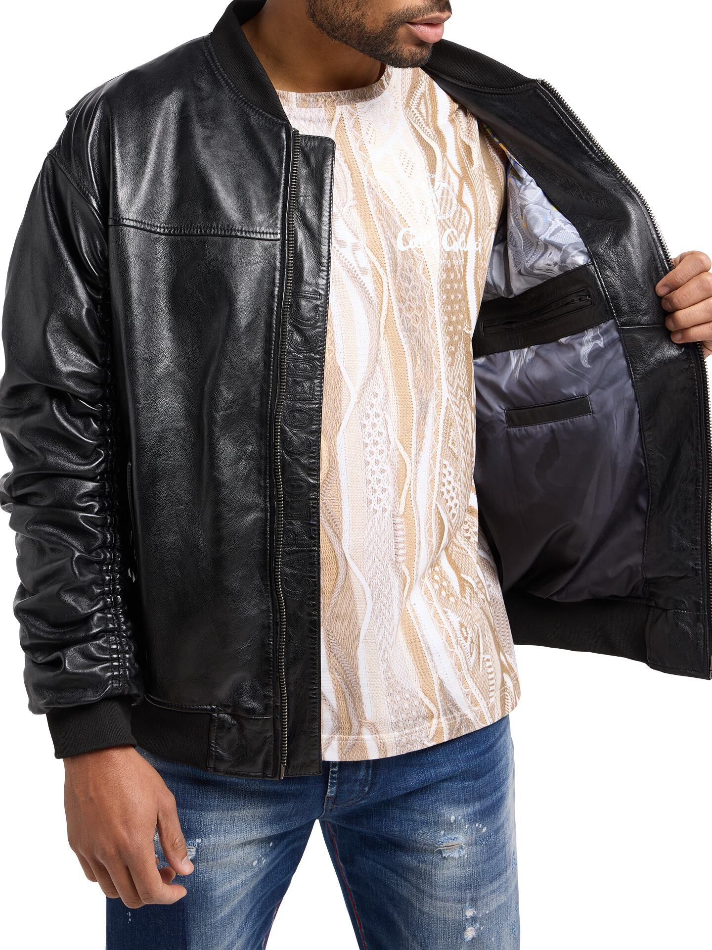 Leather college jacket with unique badge