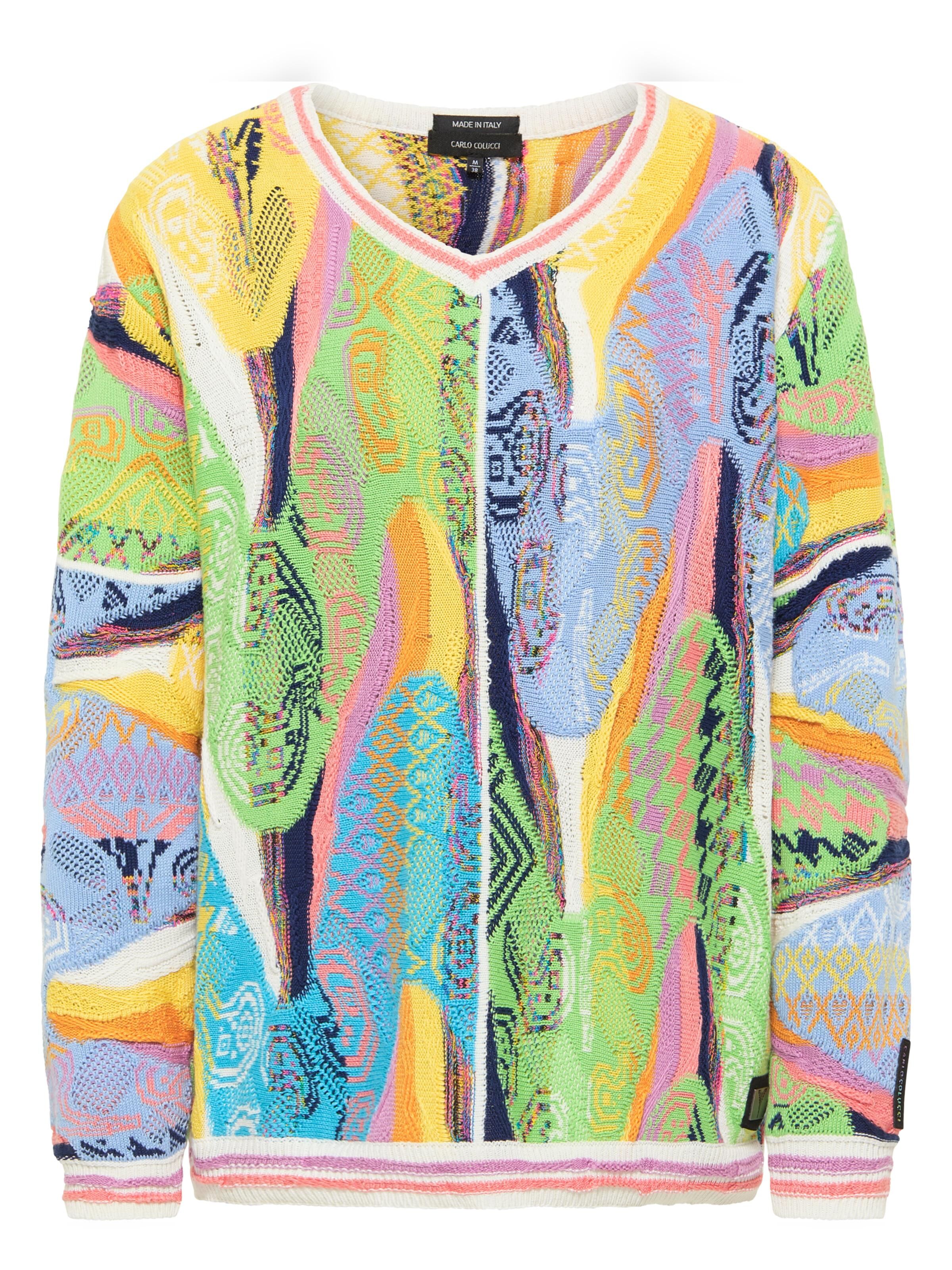 Carlo Colucci Jacquard Pullover mit V-Ausschnitt - Weiß Weiß L/40
