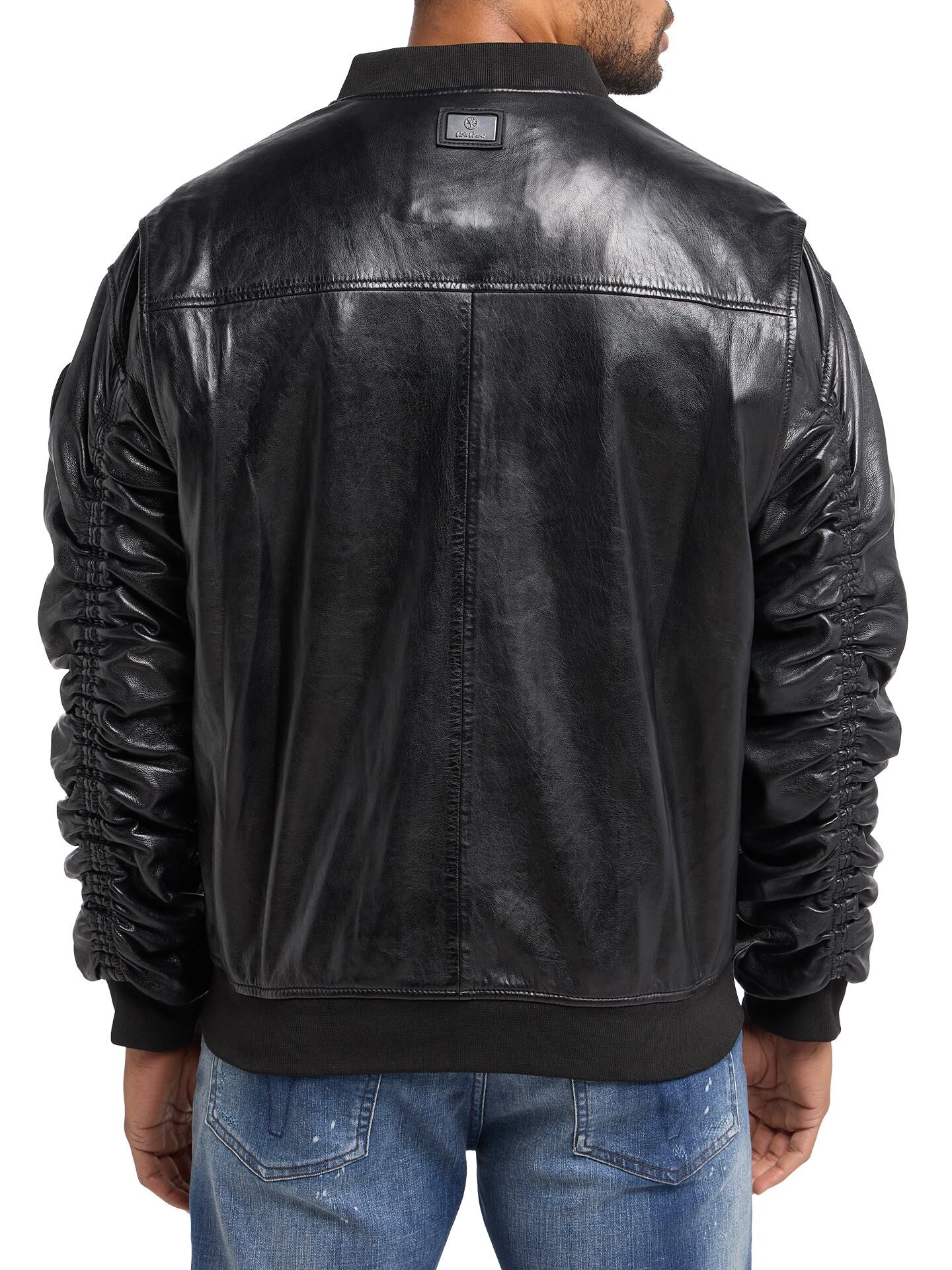Leather college jacket with unique badge