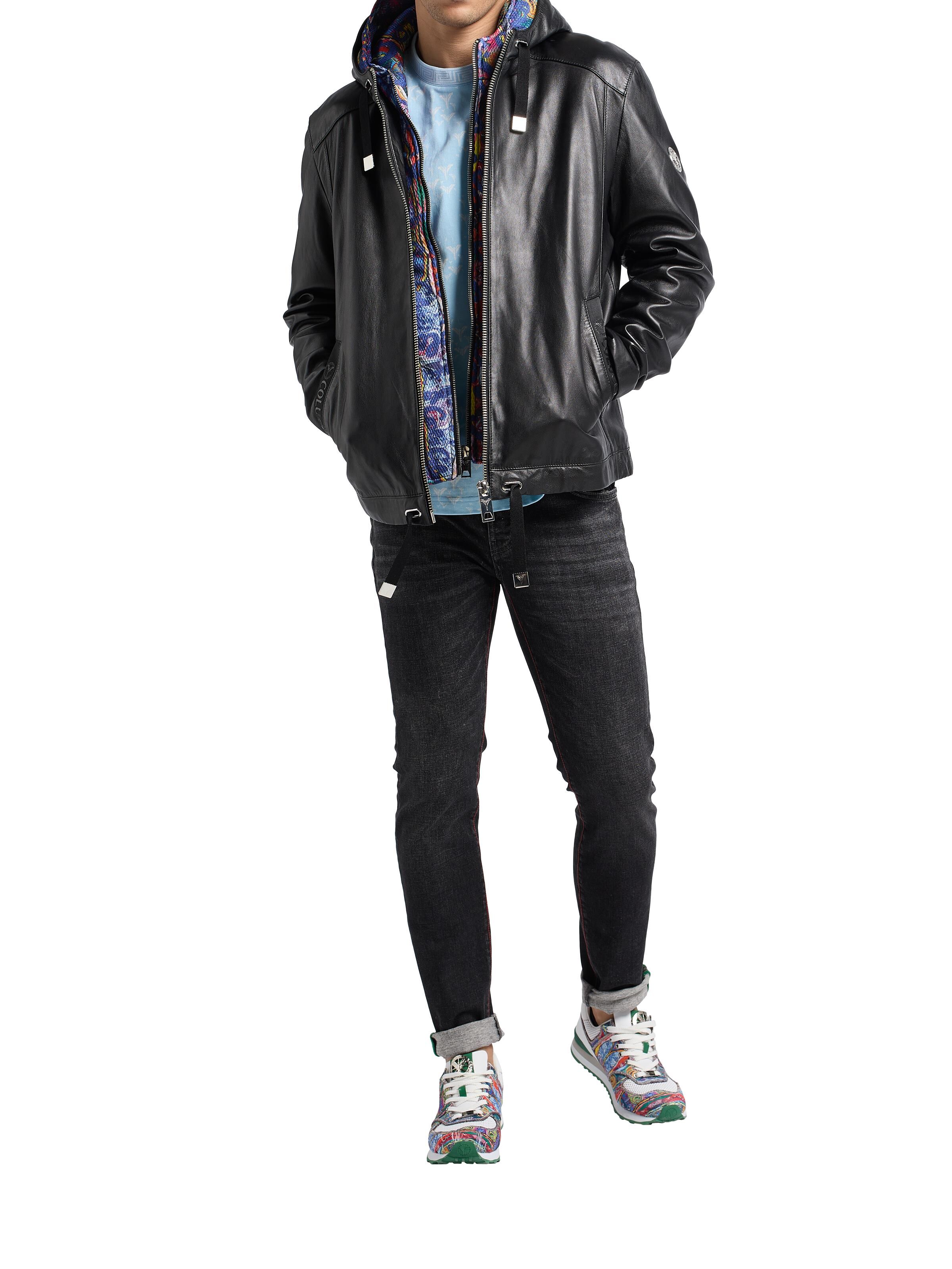 Leather jacket with multicolor hood