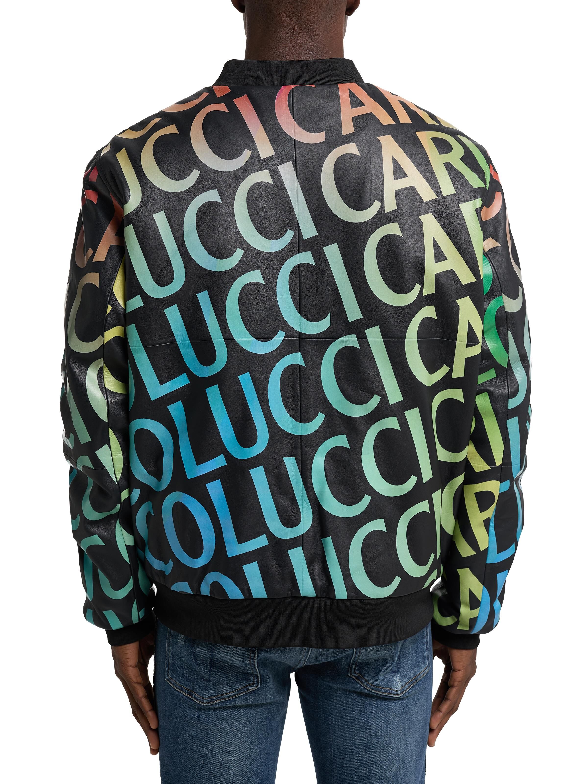 Leather blouson with multicolor lettering