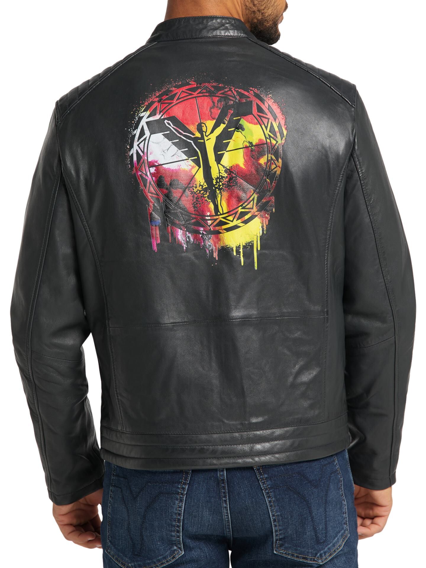 Herren Biker Lederjacke mit buntem Logodruck