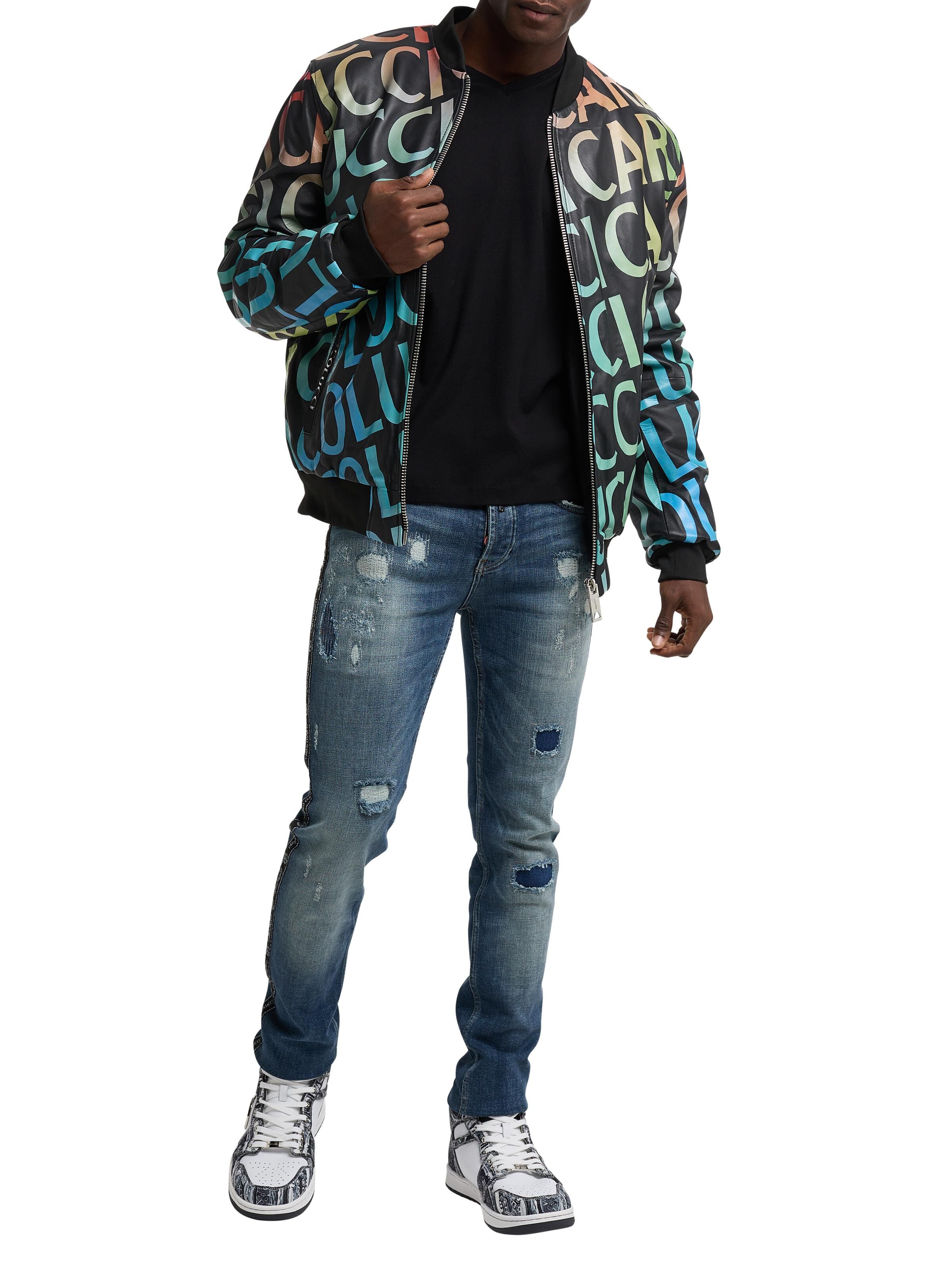 Leather blouson with multicolor lettering