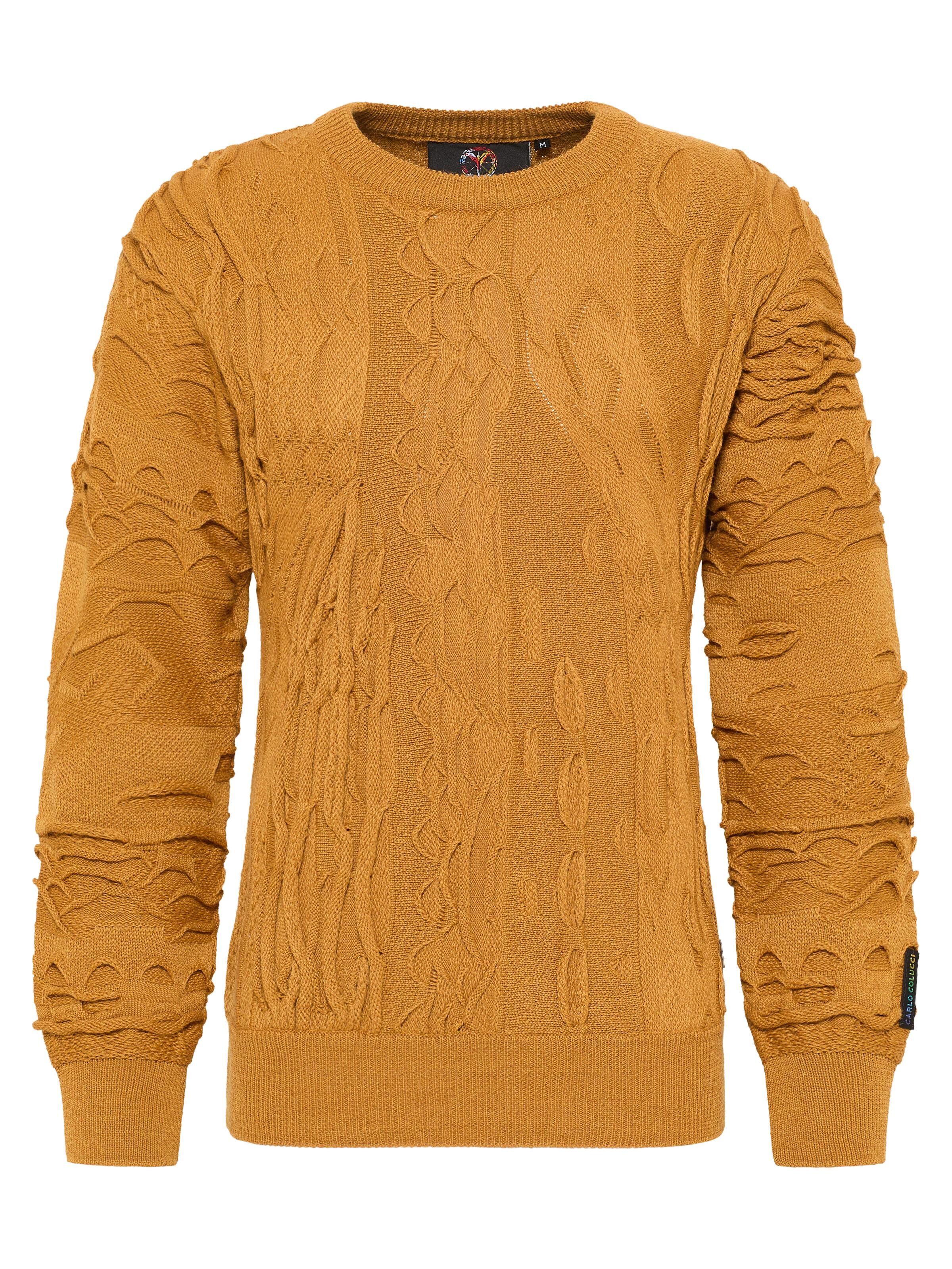 Carlo Colucci Unifarbener Rundhals Pullover - L Senfgelb