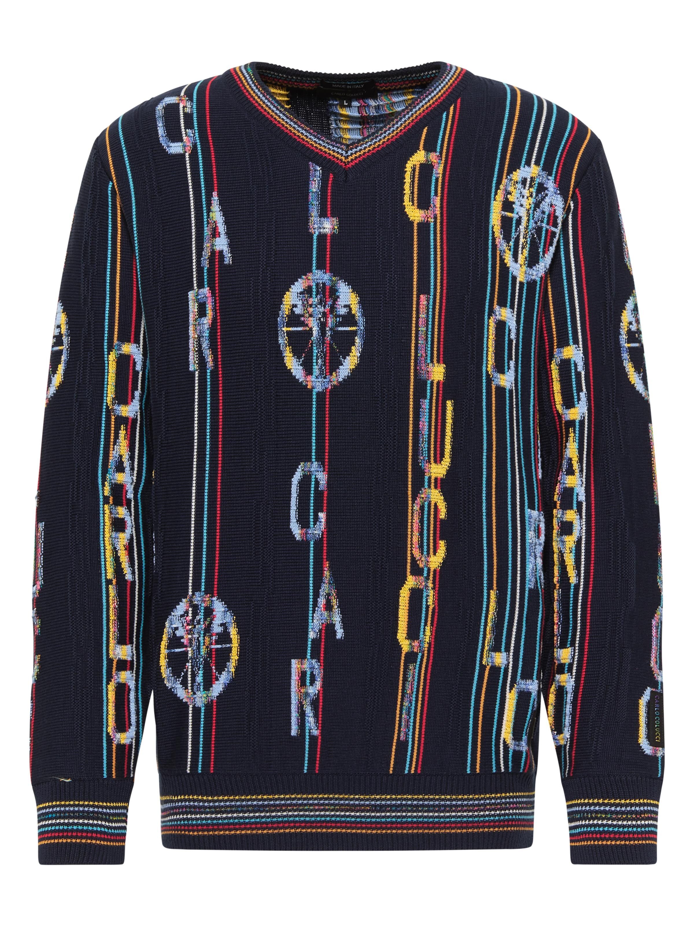  Strickpullover mit Schriftzug und V-Ausschnitt