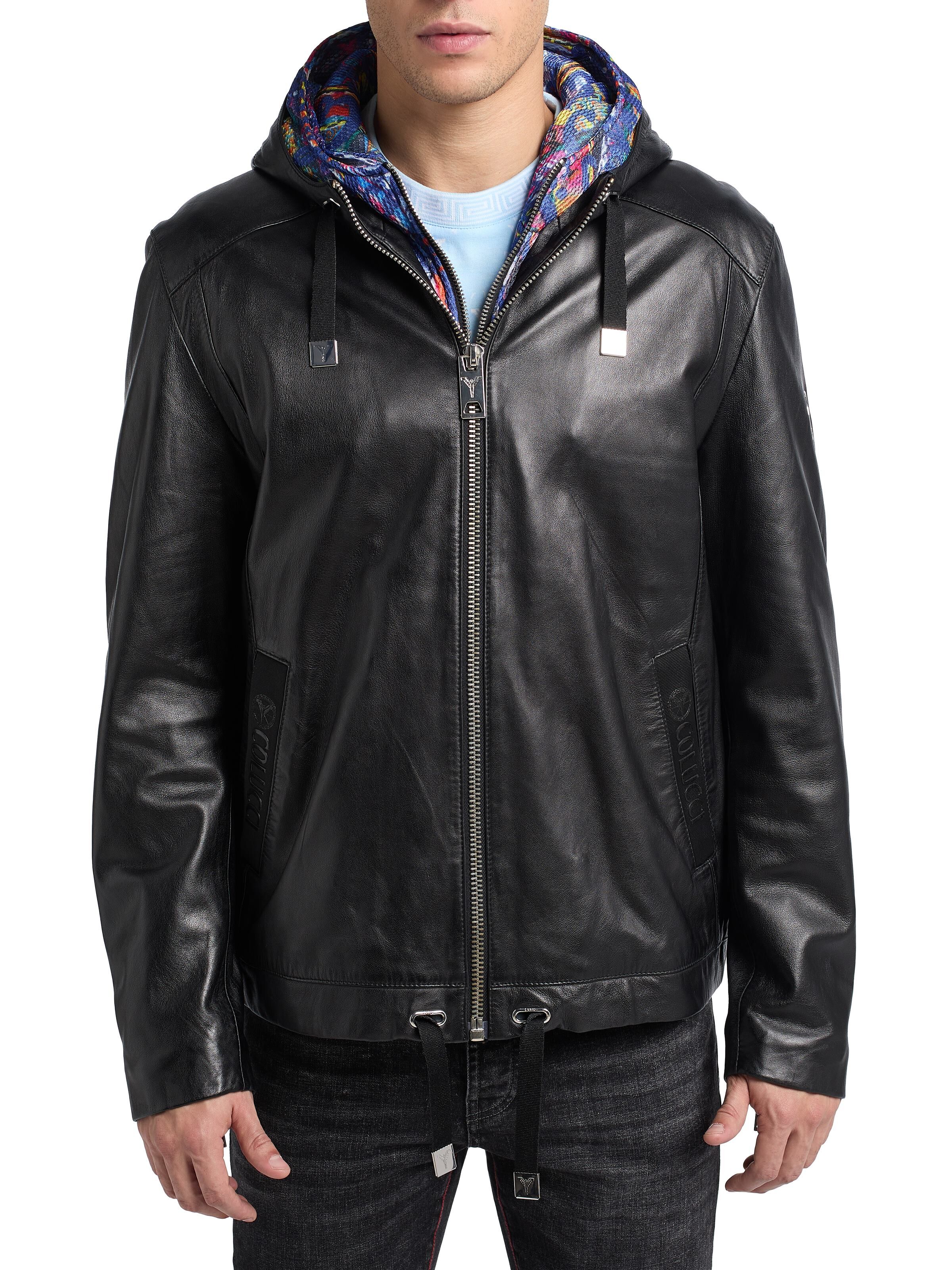 Leather jacket with multicolor hood