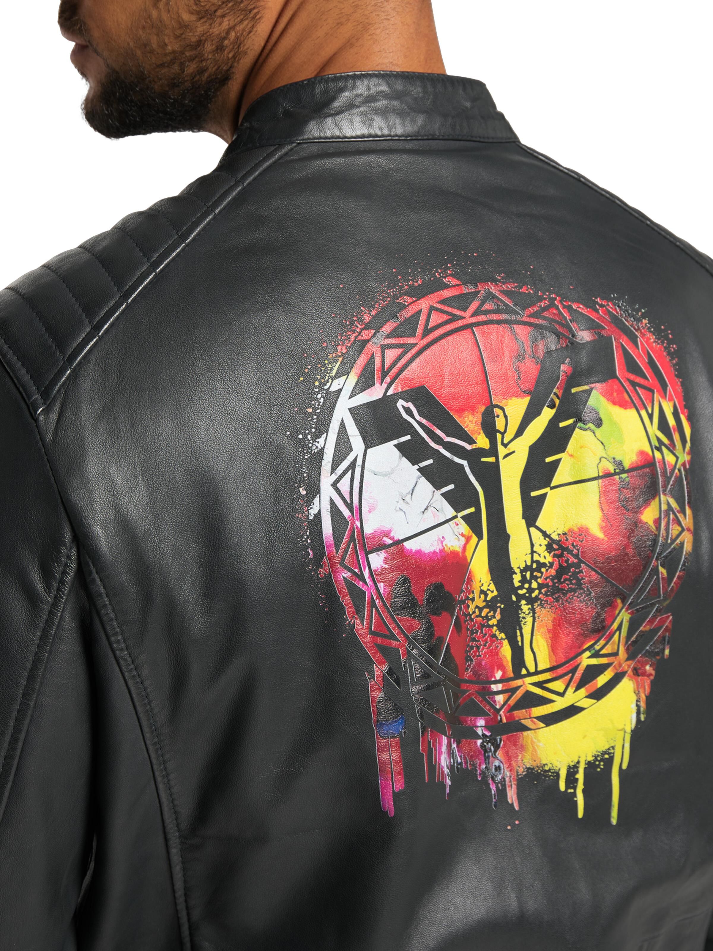 Herren Biker Lederjacke mit buntem Logodruck