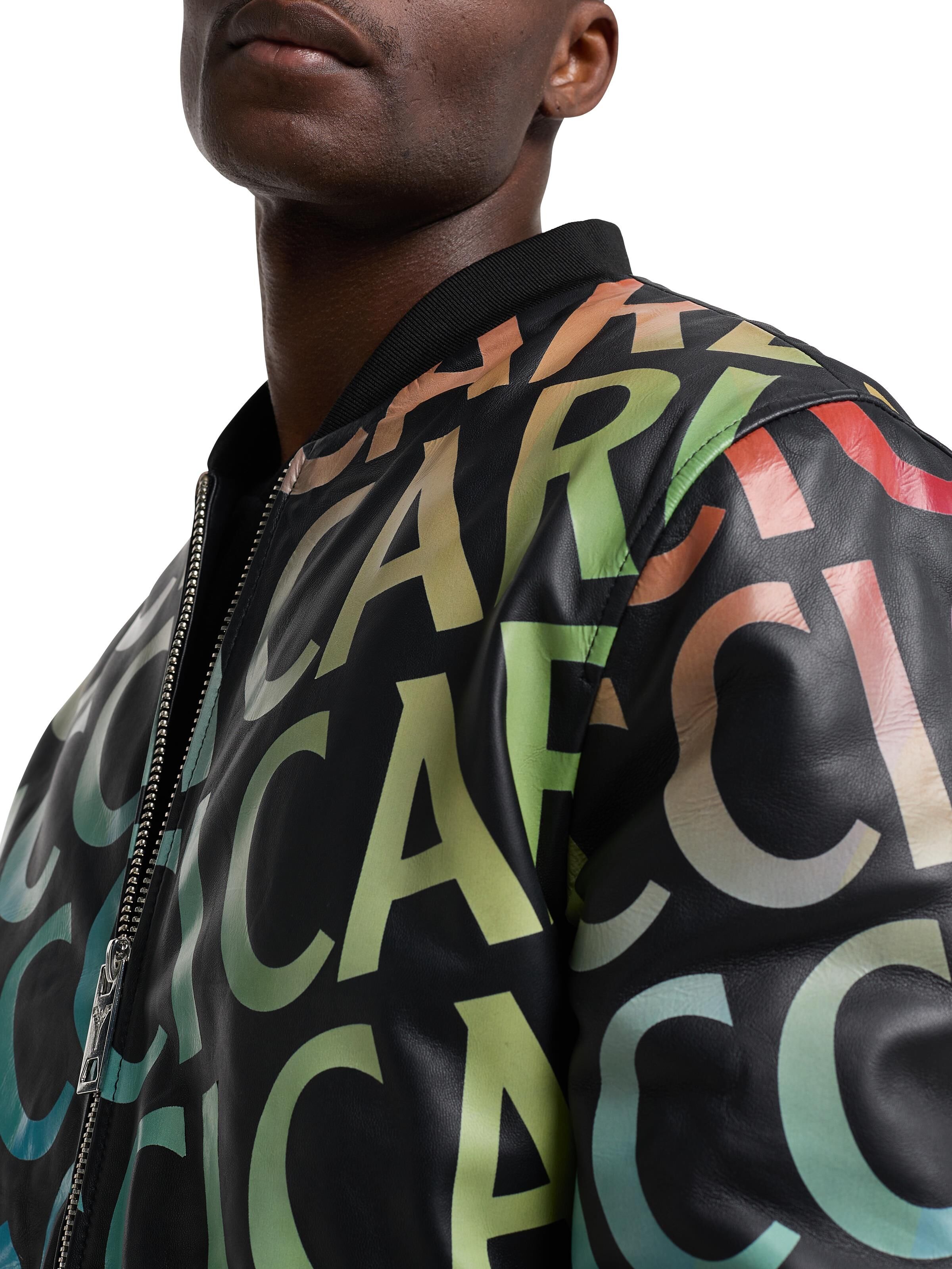 Leather blouson with multicolor lettering