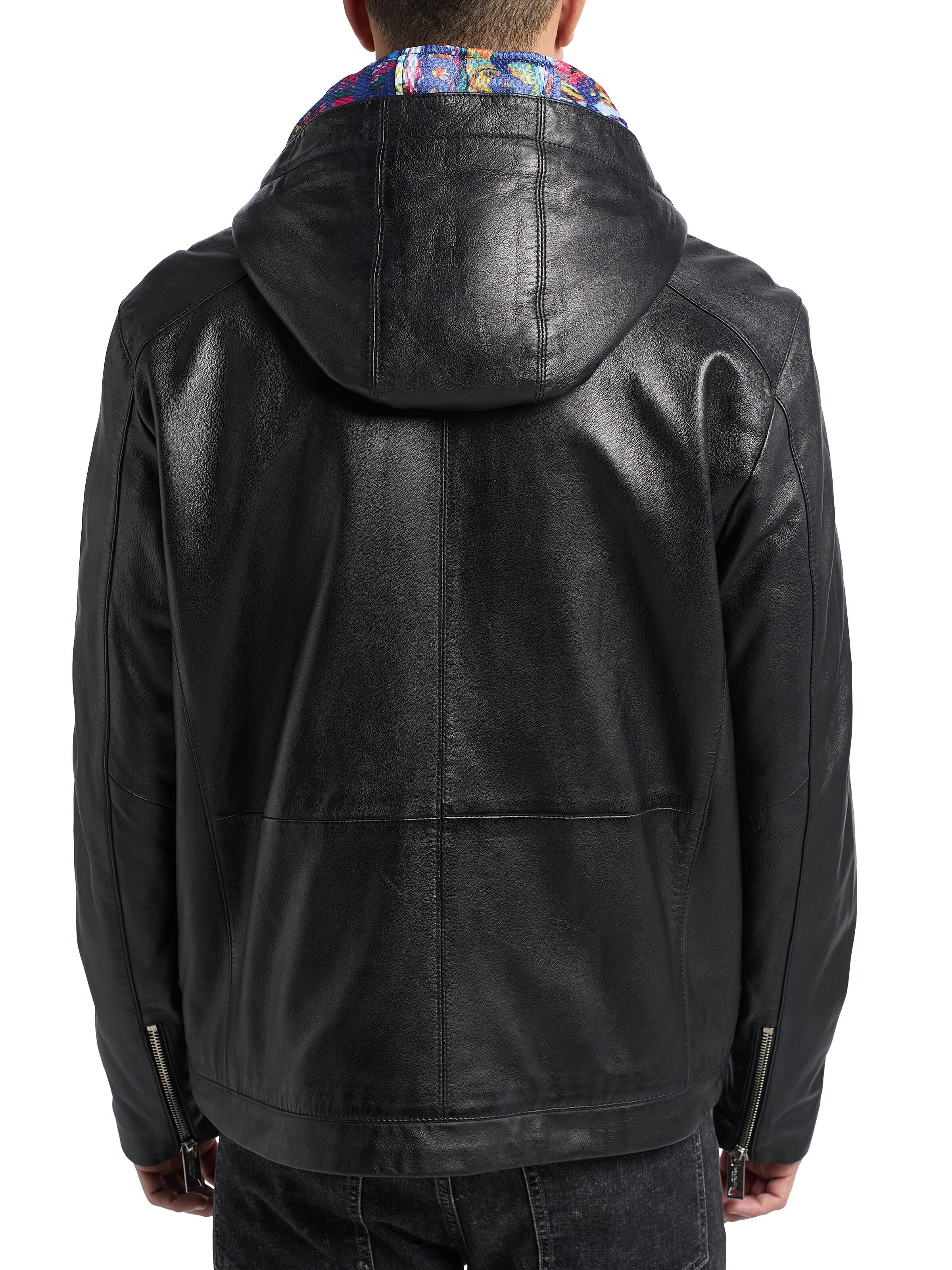 Leather jacket with multicolor hood