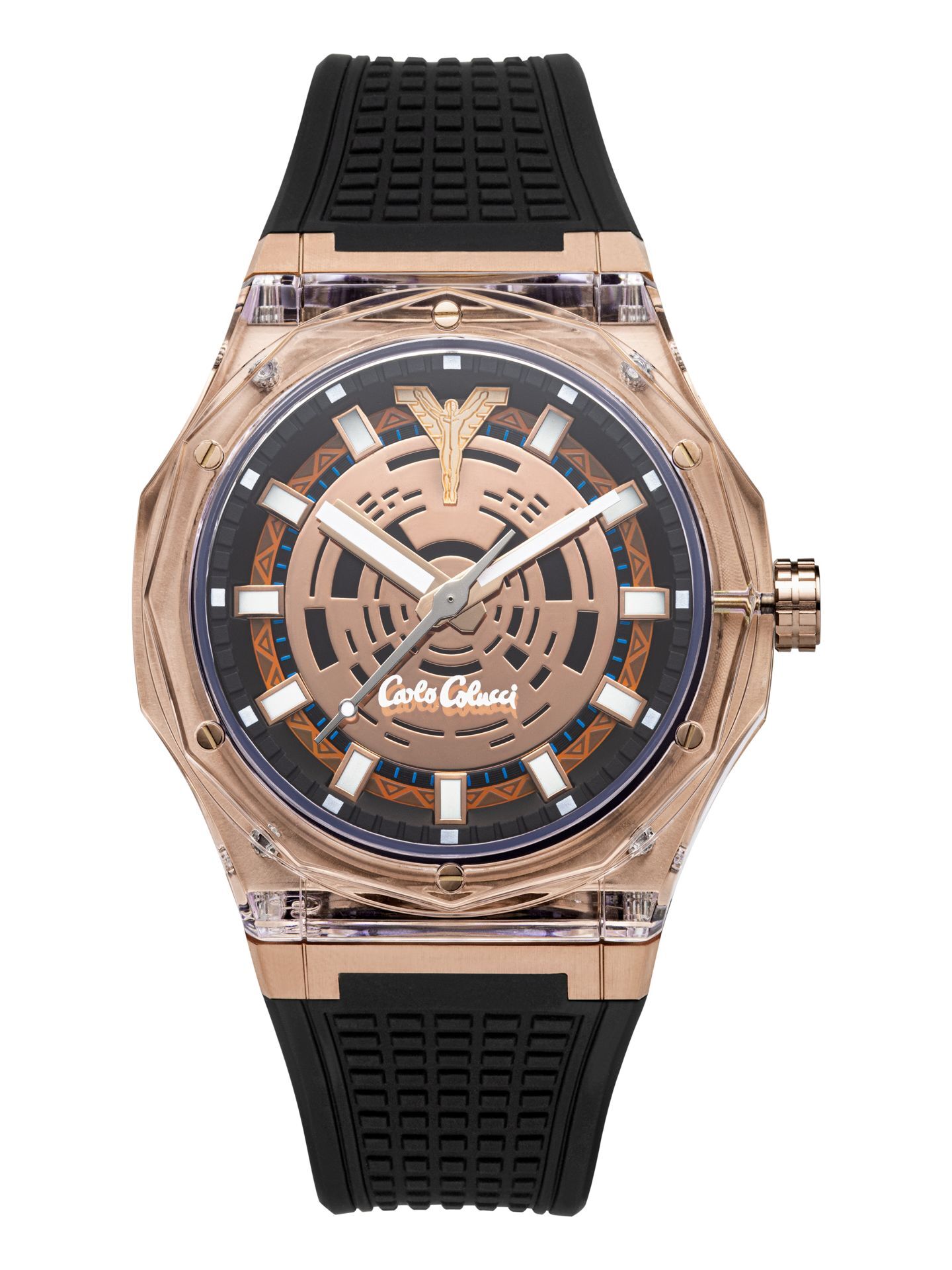 Rose gold brushed stainless steel watch with silicon strap