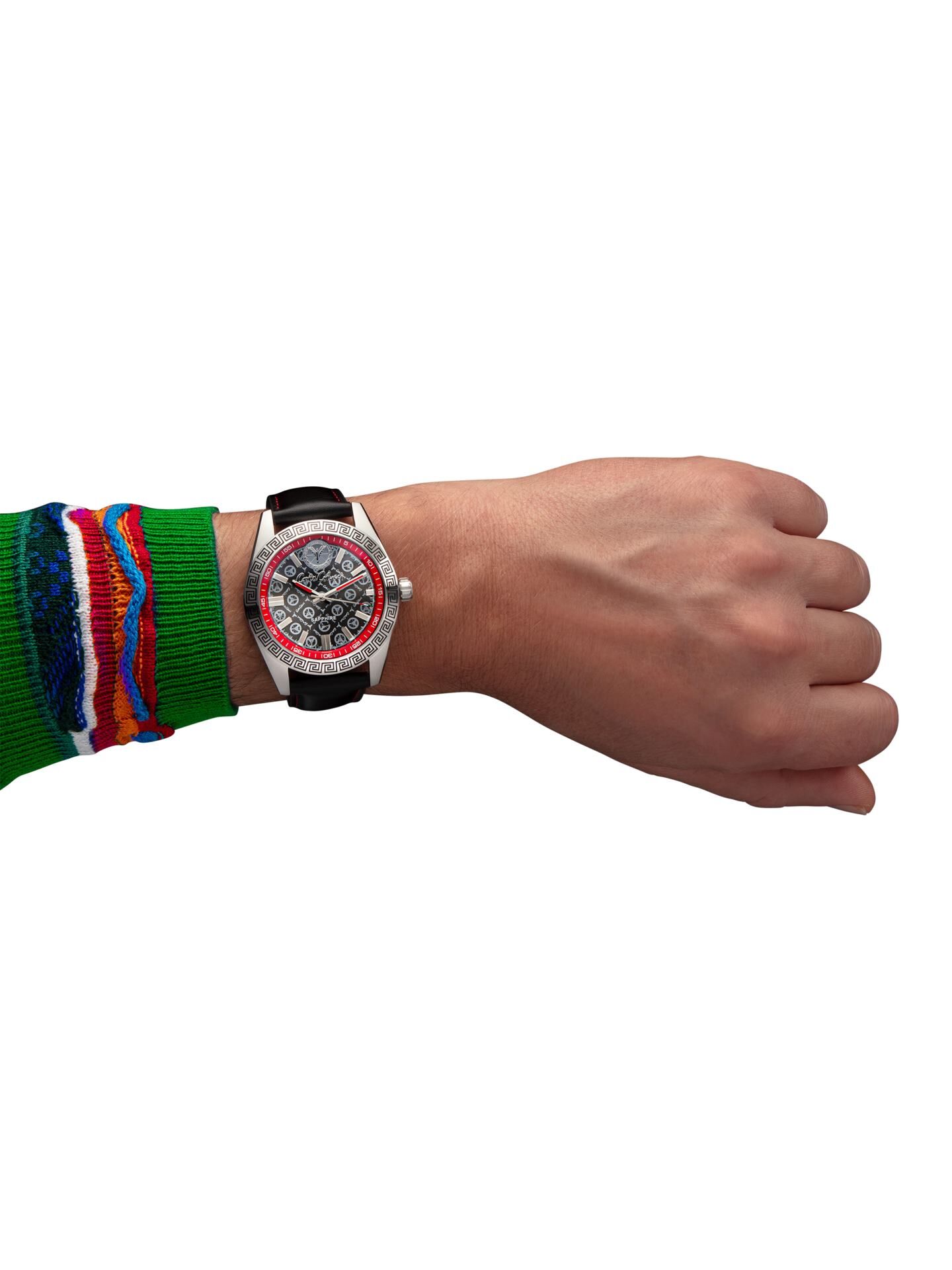 Round stainless steel watch with leather strap Black CC-300-2-201