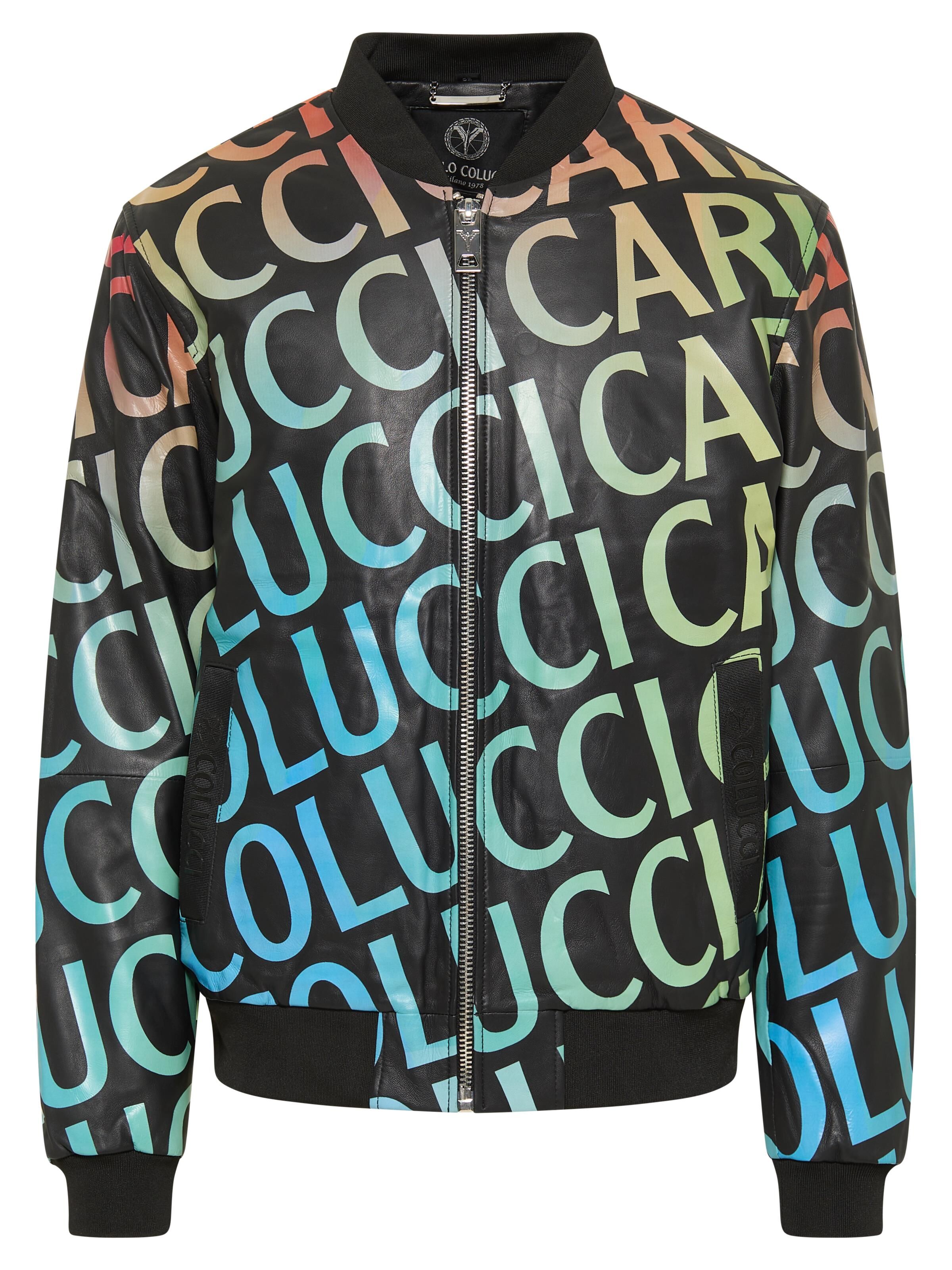 Leather blouson with multicolor lettering