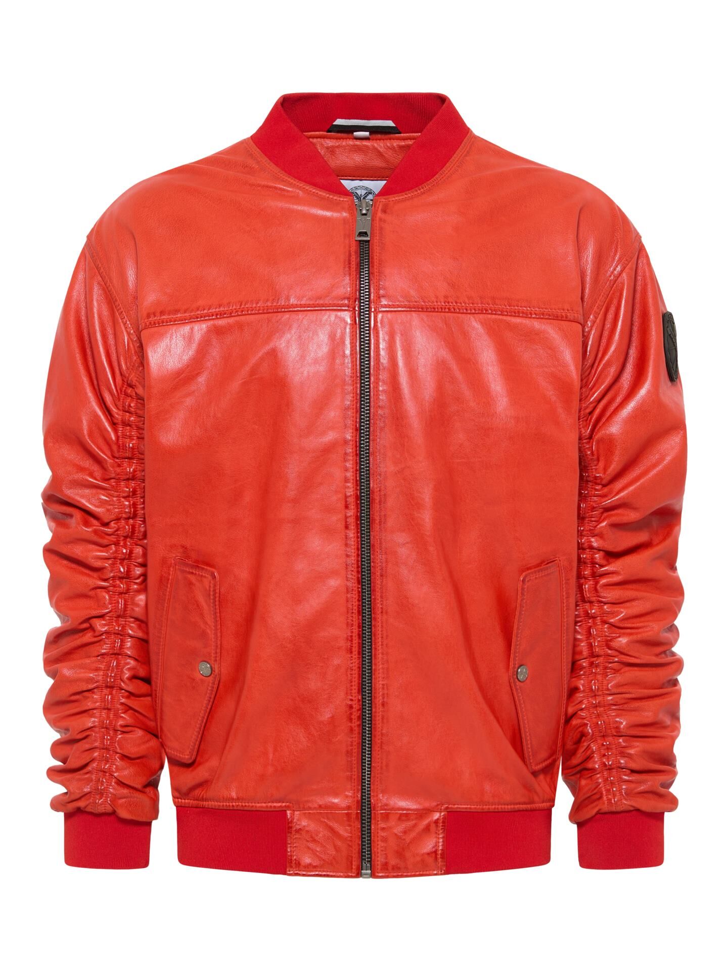 Leather college jacket with unique badge