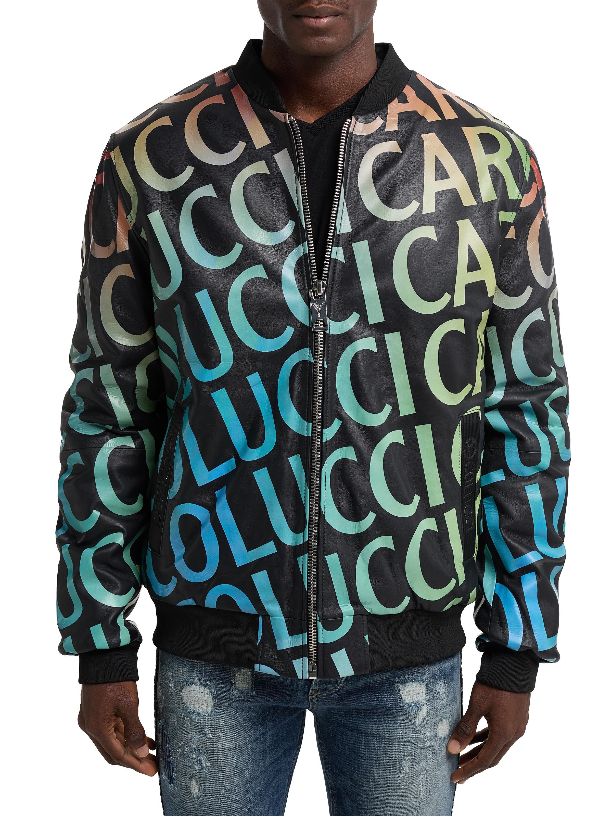 Leather blouson with multicolor lettering