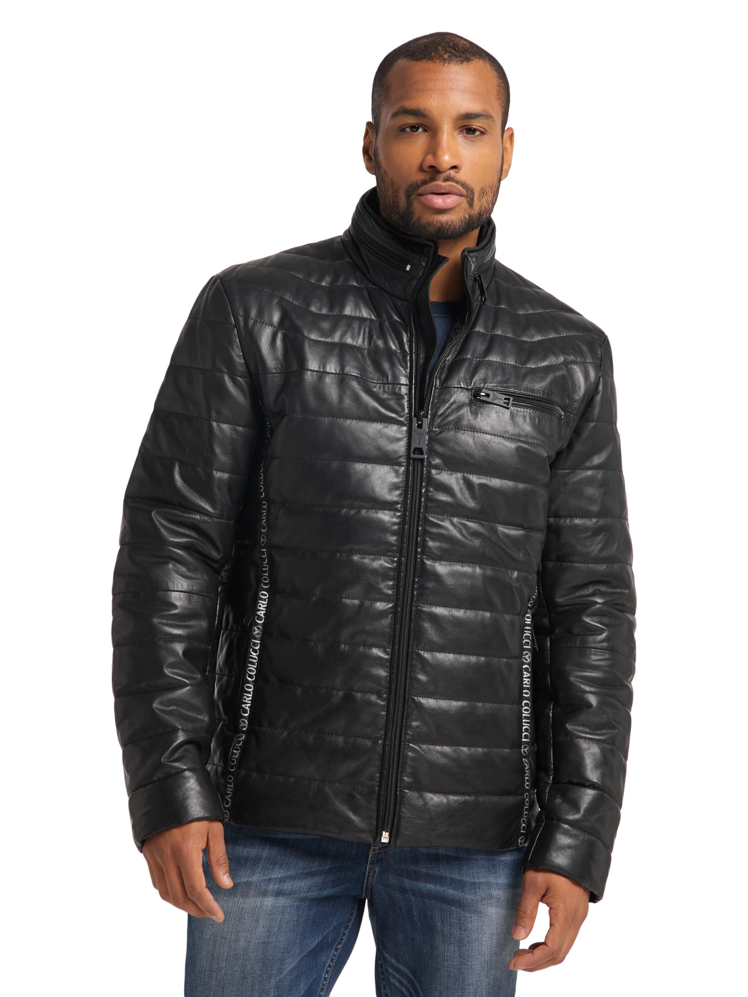 Wattierte Herren Lederjacke GULF mit Stehkragen Schwarz L