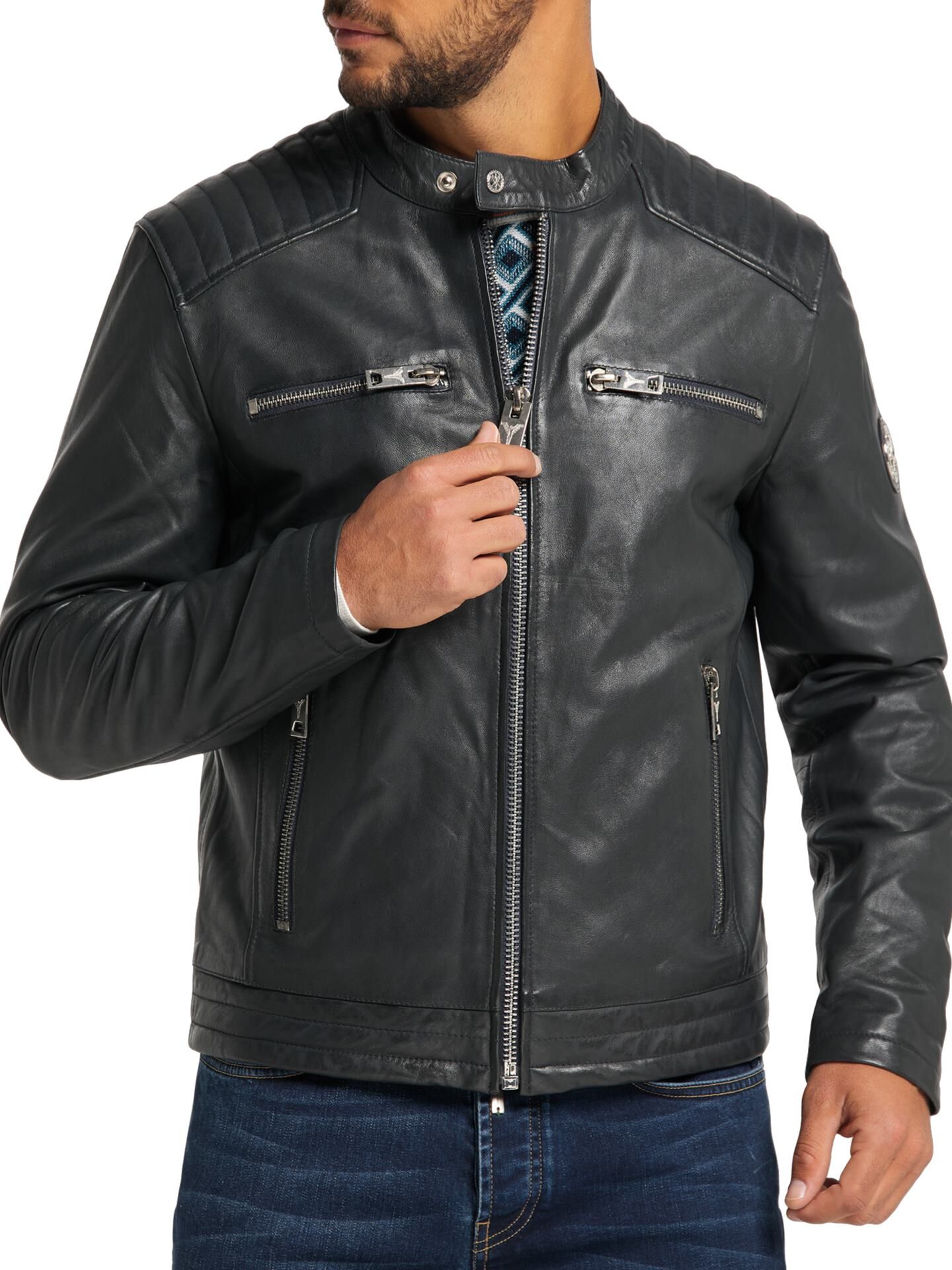 Herren Biker Lederjacke mit buntem Logodruck