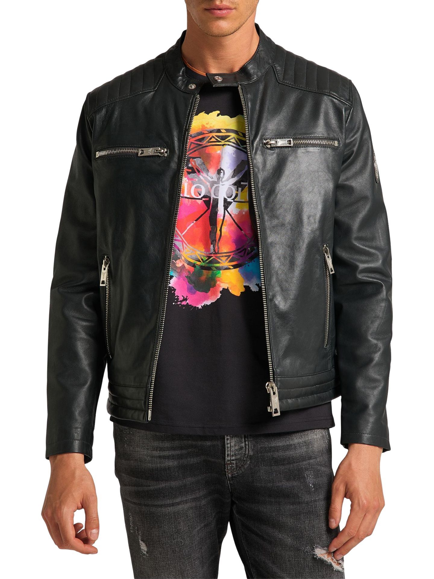  Men's biker leather jacket -Bento-, black