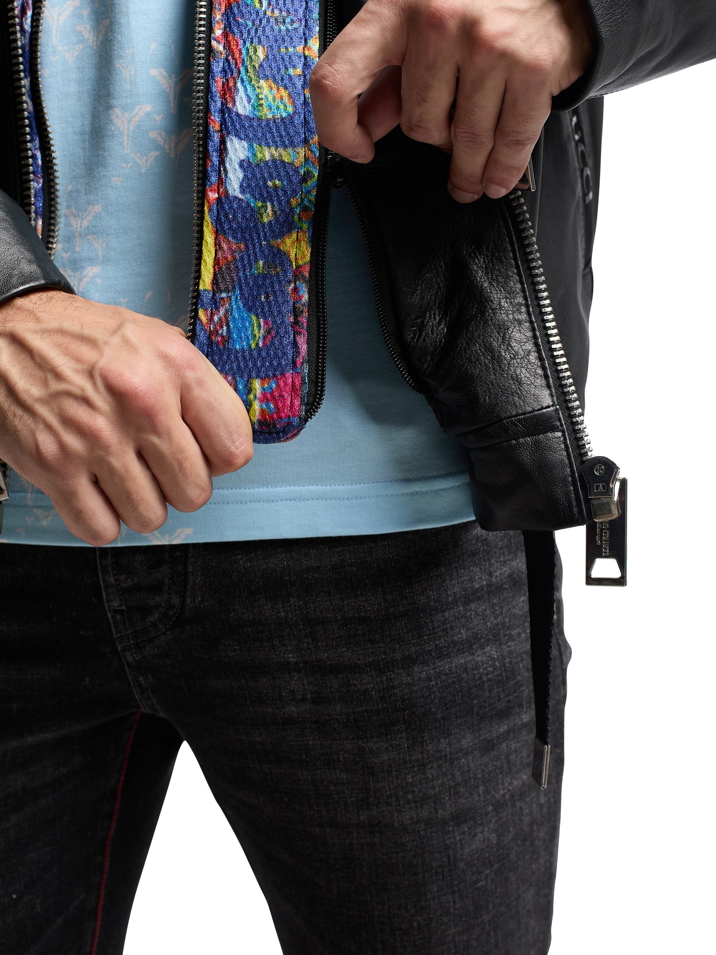 Leather jacket with multicolor hood